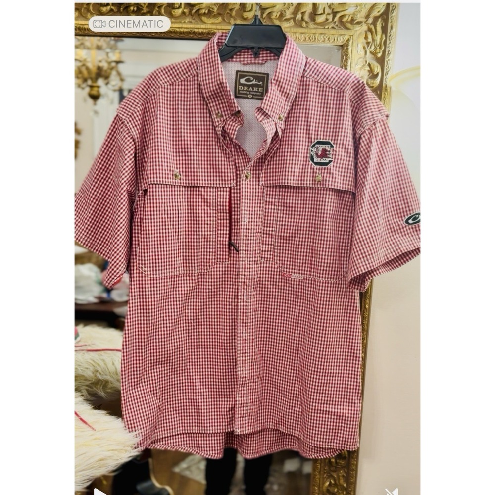 Drake Men Shirt M Red Checked USC (SC) Fshing Hiking Camping Breathable Football